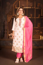 Chanderi Suit Sets White and Pink with Dupatta