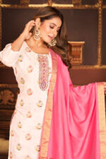 Chanderi Suit Sets White and Pink with Dupatta